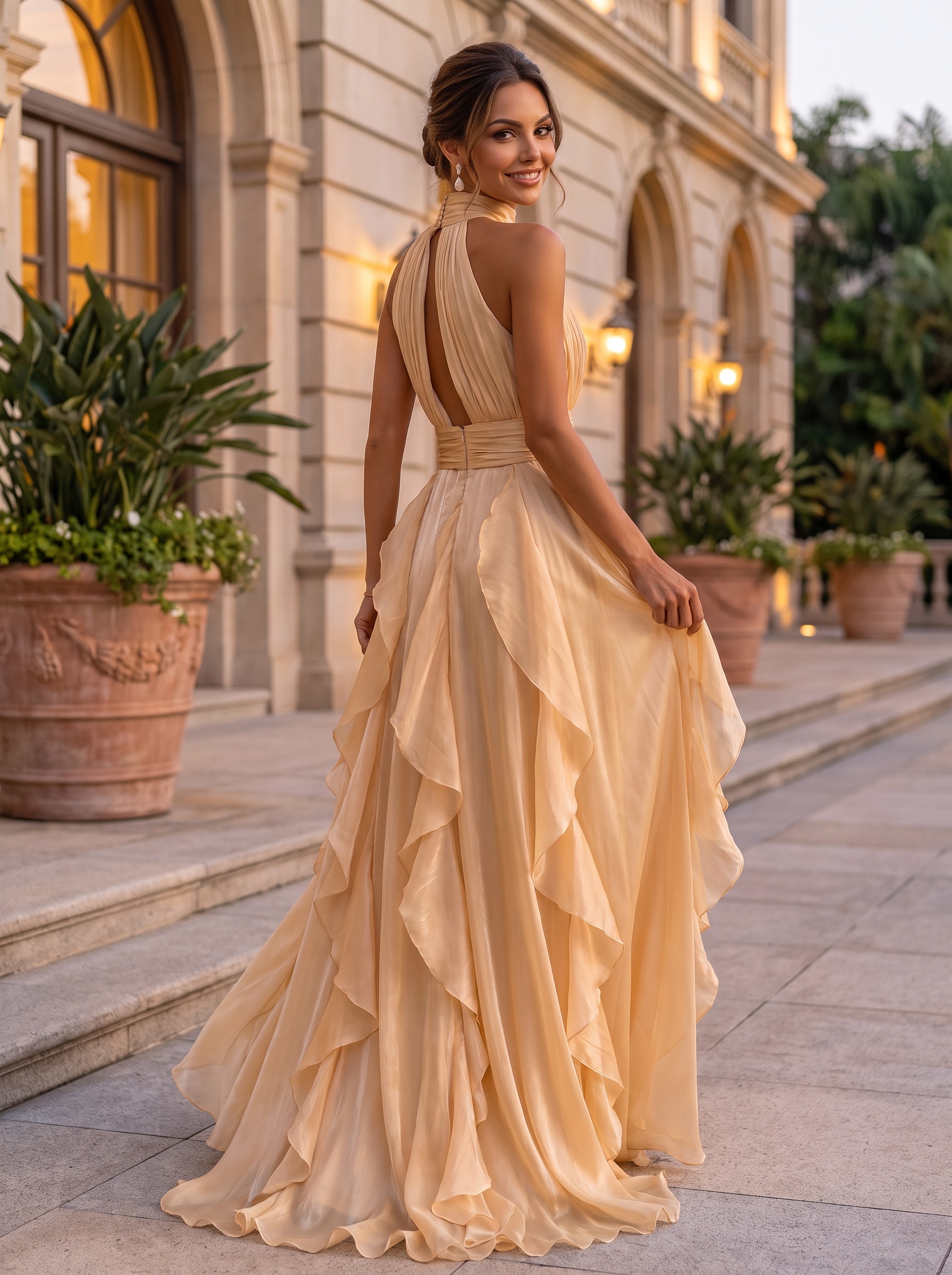 High Neck Ruffled Satin Halter Evening Gown