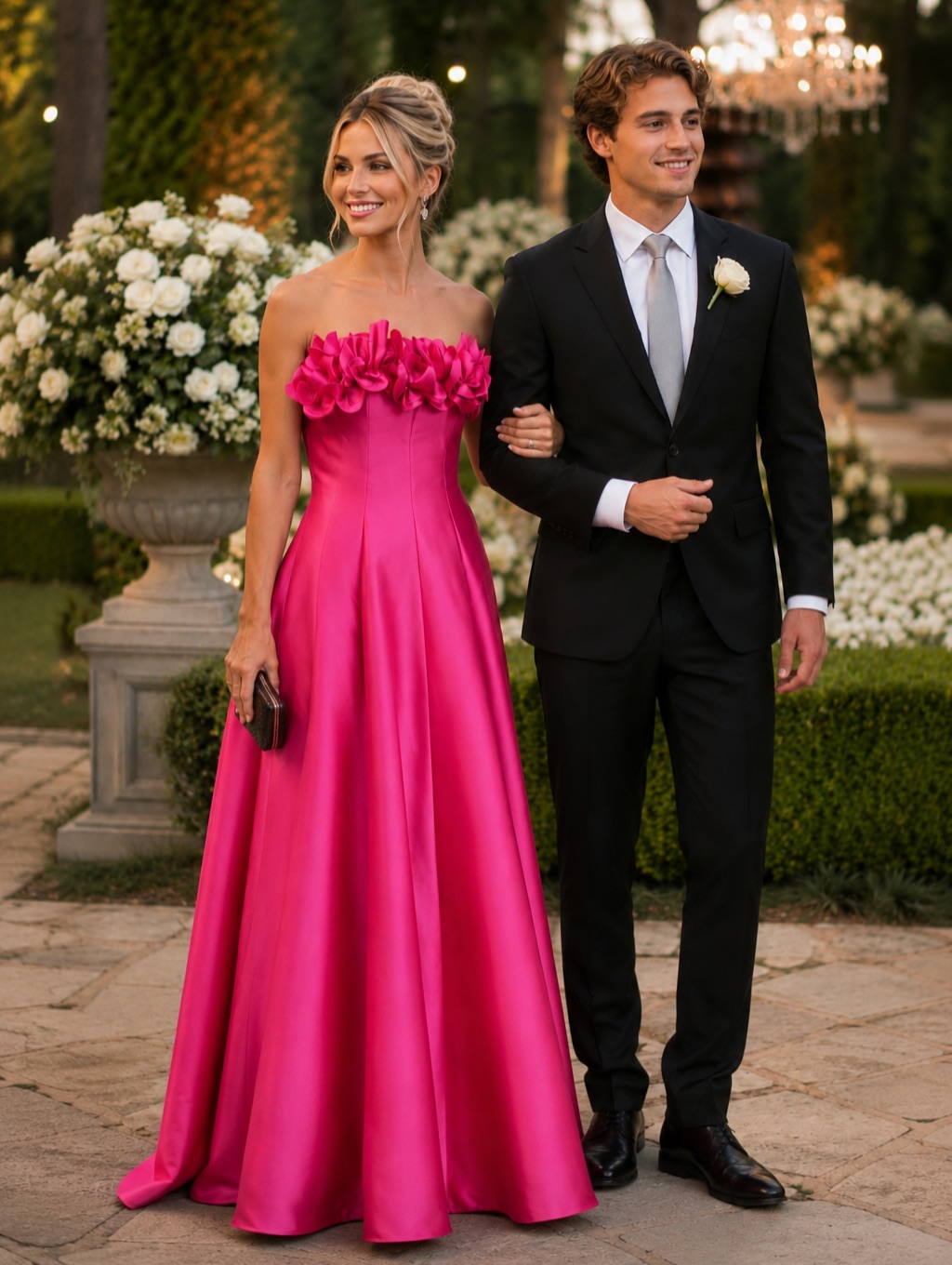Strapless Pleated Bodice Floral Applique Satin Evening Gown