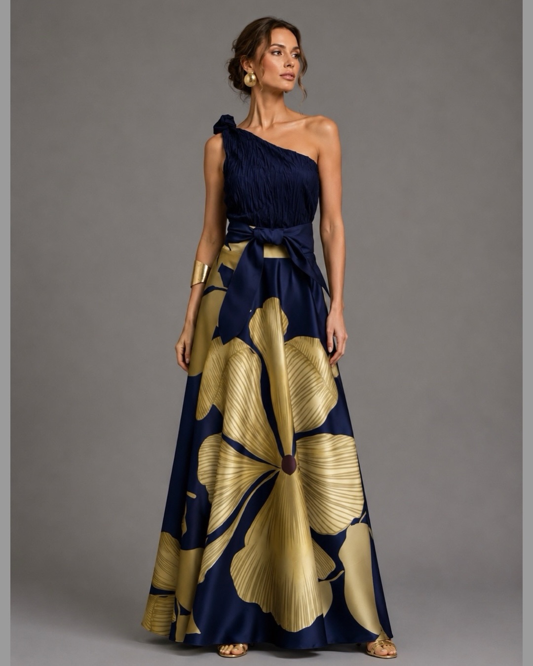 One-Shoulder Pleated Bodice Floral Print Satin Evening Gown