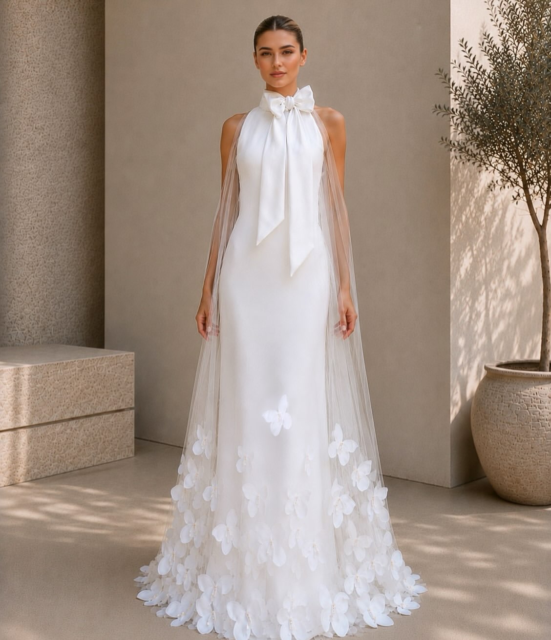 Halter Neck Butterfly Appliqué Evening Gown with Detachable Cape