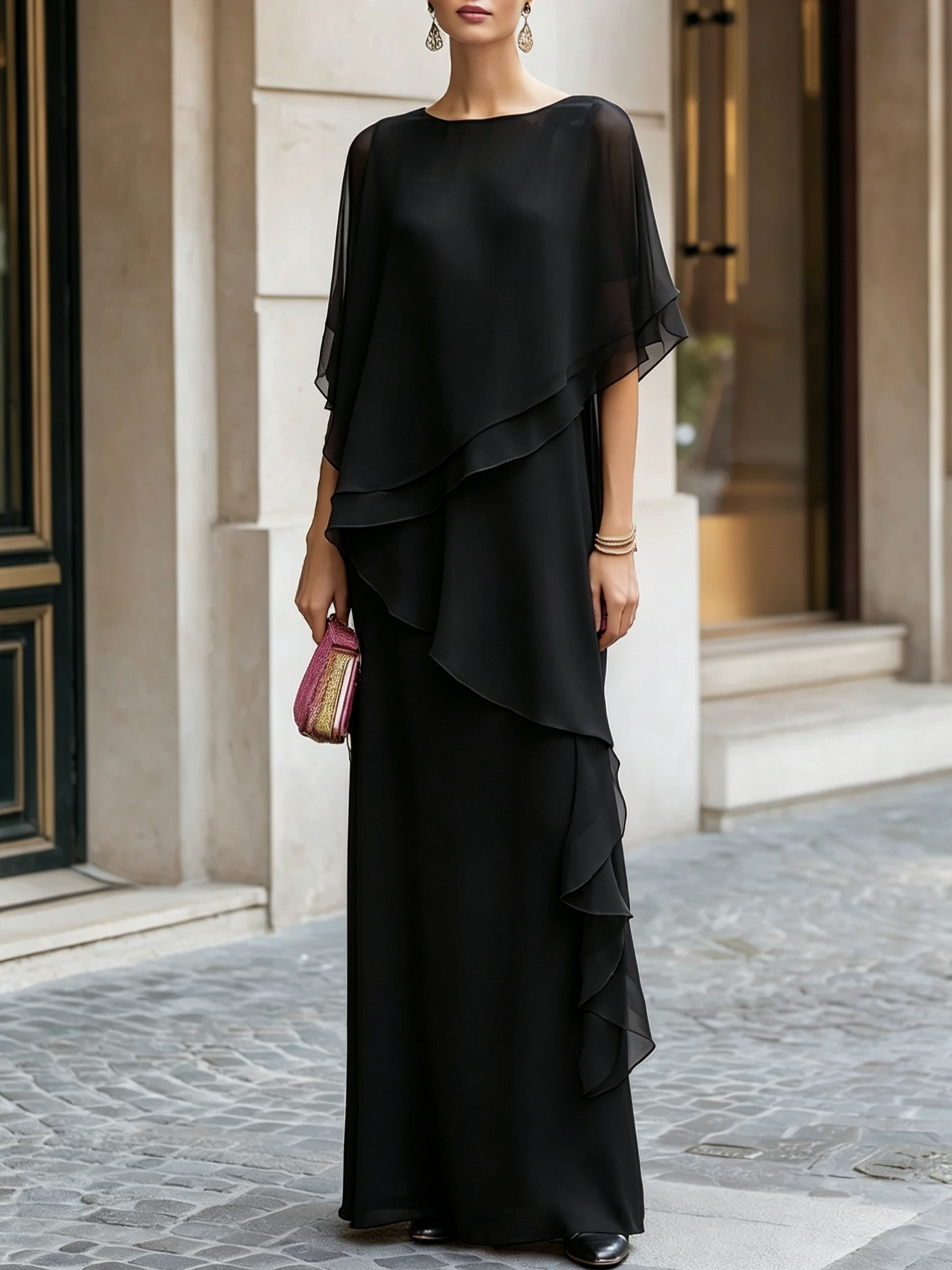 Layered Chiffon Boat Neck Floor-Length Evening Gown