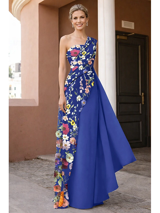One-Shoulder Floral Applique Asymmetrical Long Evening Dress