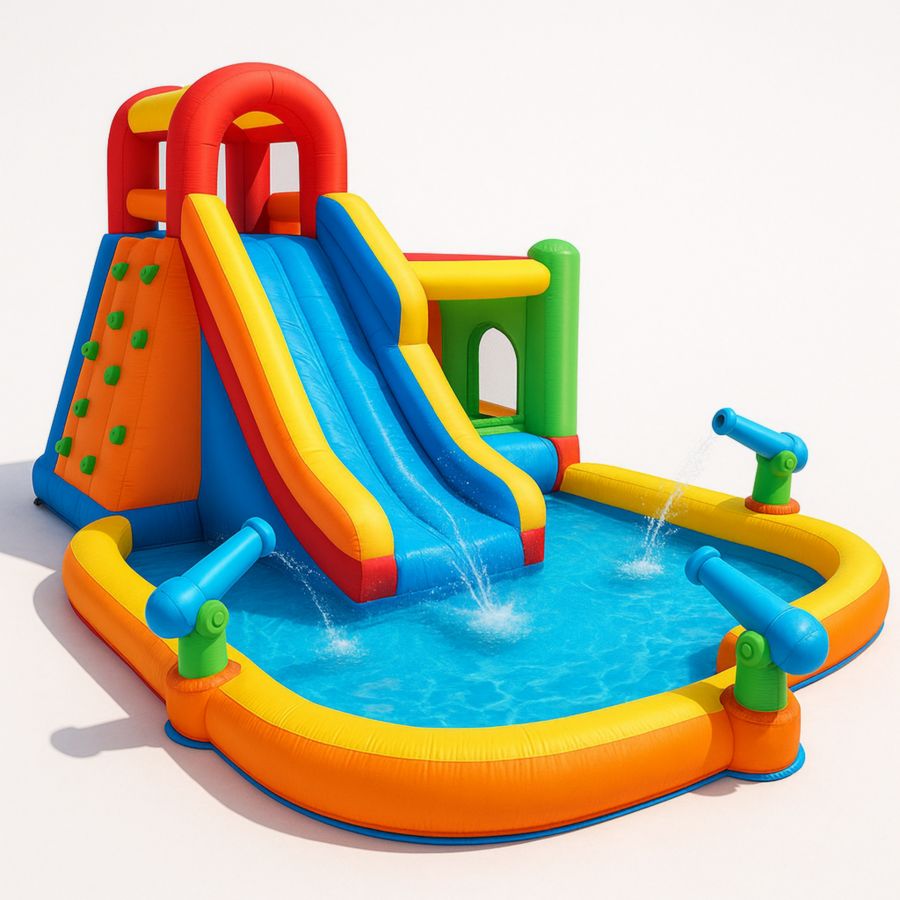 Aufblasbare Wasserpark Rutsche mit Kletterwand und Wasserkanonen aus strapazierfähigem PVC Bunt 600x300x200 cm-Runeloft