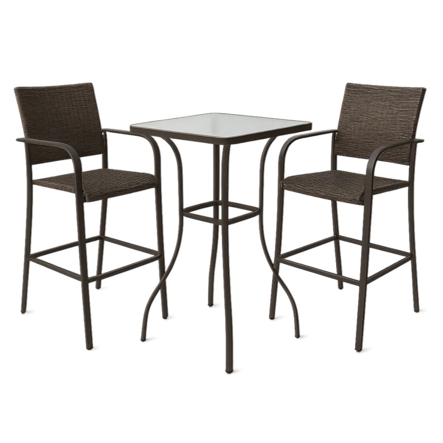 3-teiliges Bar-Set aus PE-Rattan und gehärtetem Glas, Braun, Tisch 70x70x110 cm, Stuhl 100 cm-Runeloft
