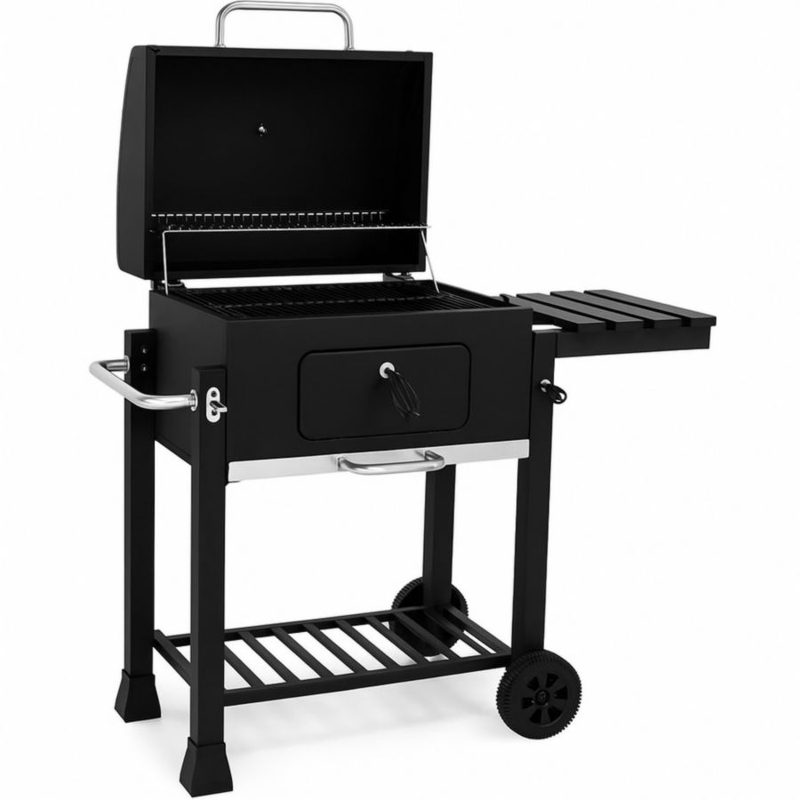 Holzkohlegrill rechteckig aus Stahl Schwarz mit Seitenablage und Rädern-Runeloft