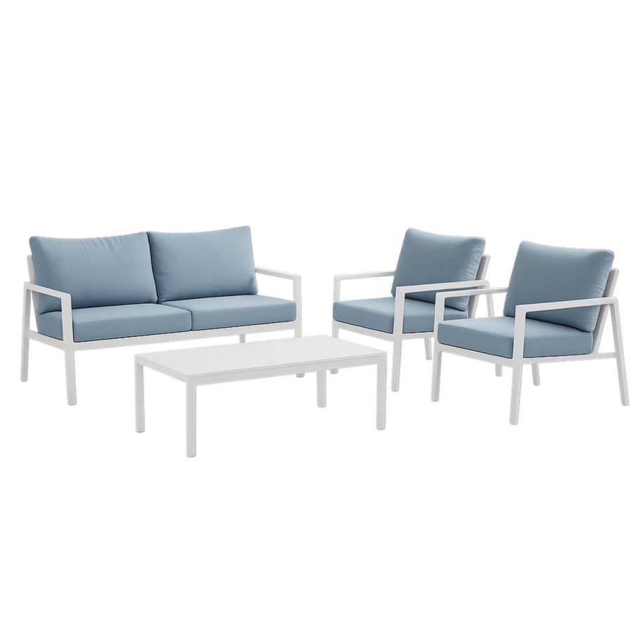Gartenmöbel-Set Aluminium Blau Kissen Weiß Rahmen Lounge Set mit Sofa und Sessel-Runeloft