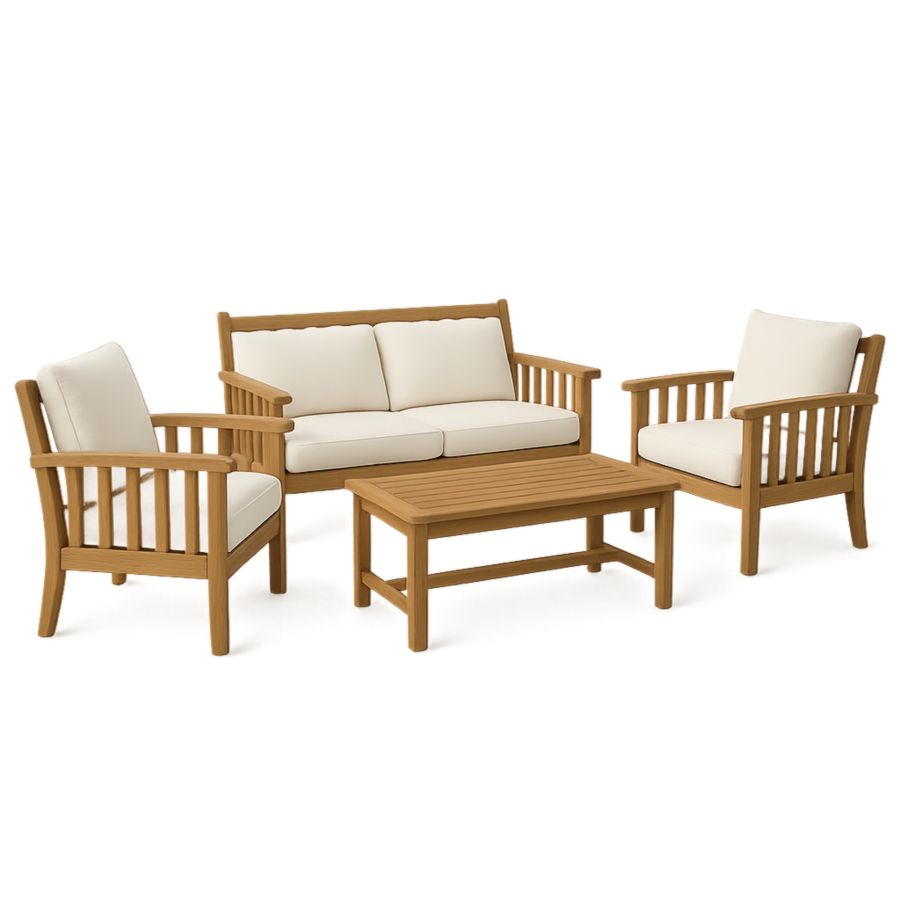 Garten-Lounge-Set aus Akazienholz mit Polstern Creme 2 Einzelsessel 1 Zweisitzer 1 Couchtisch-Runeloft