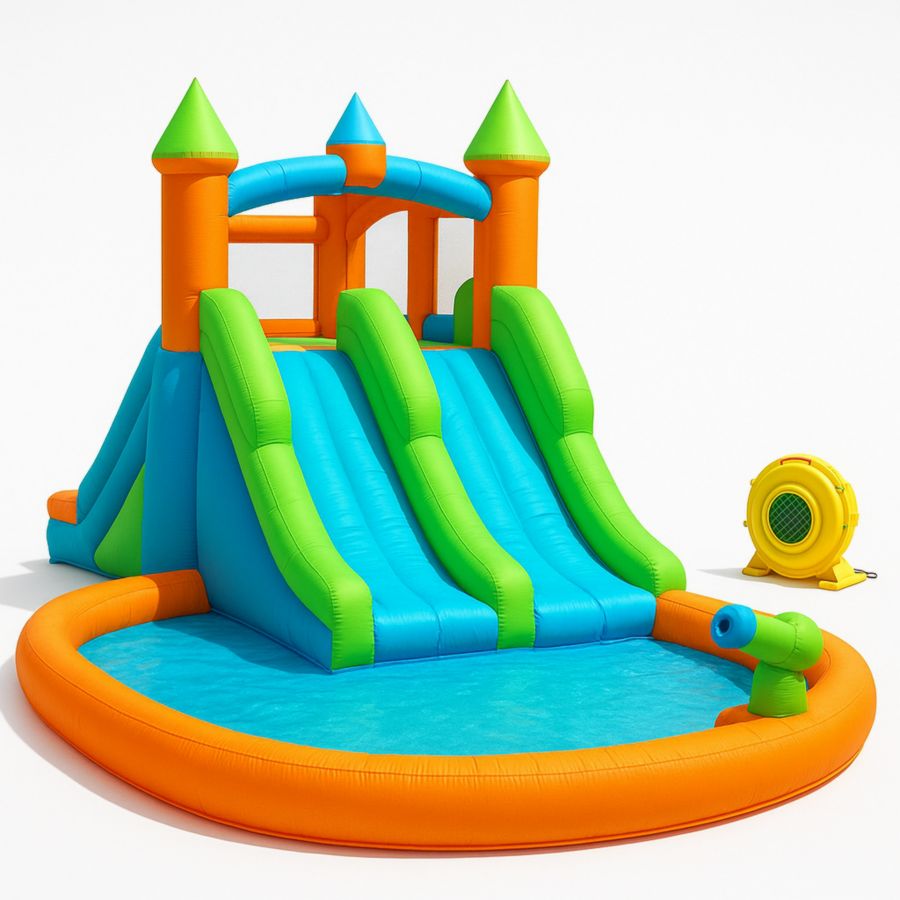 Aufblasbare Wasserburg Kinderrutsche Doppelte Slide PVC Orange/Grün/Blau-Runeloft