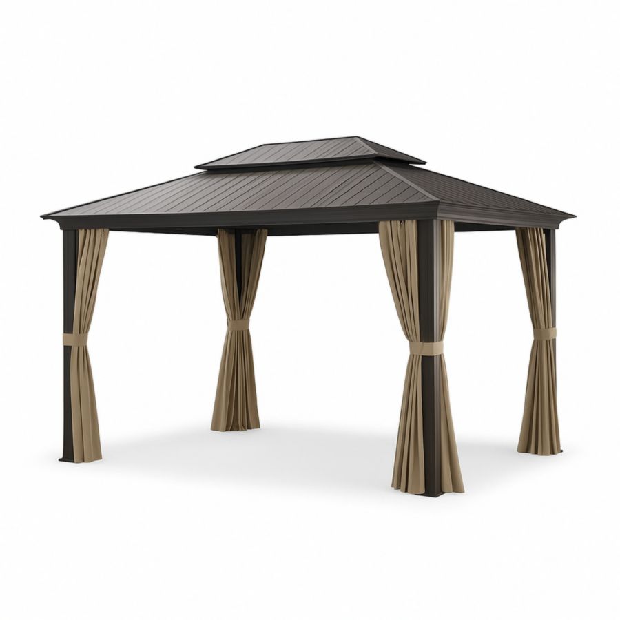 Aluminium Pavillon mit Stahl-Dach und Polyester Vorhänge 3m x 4m Beige/Braun-Runeloft