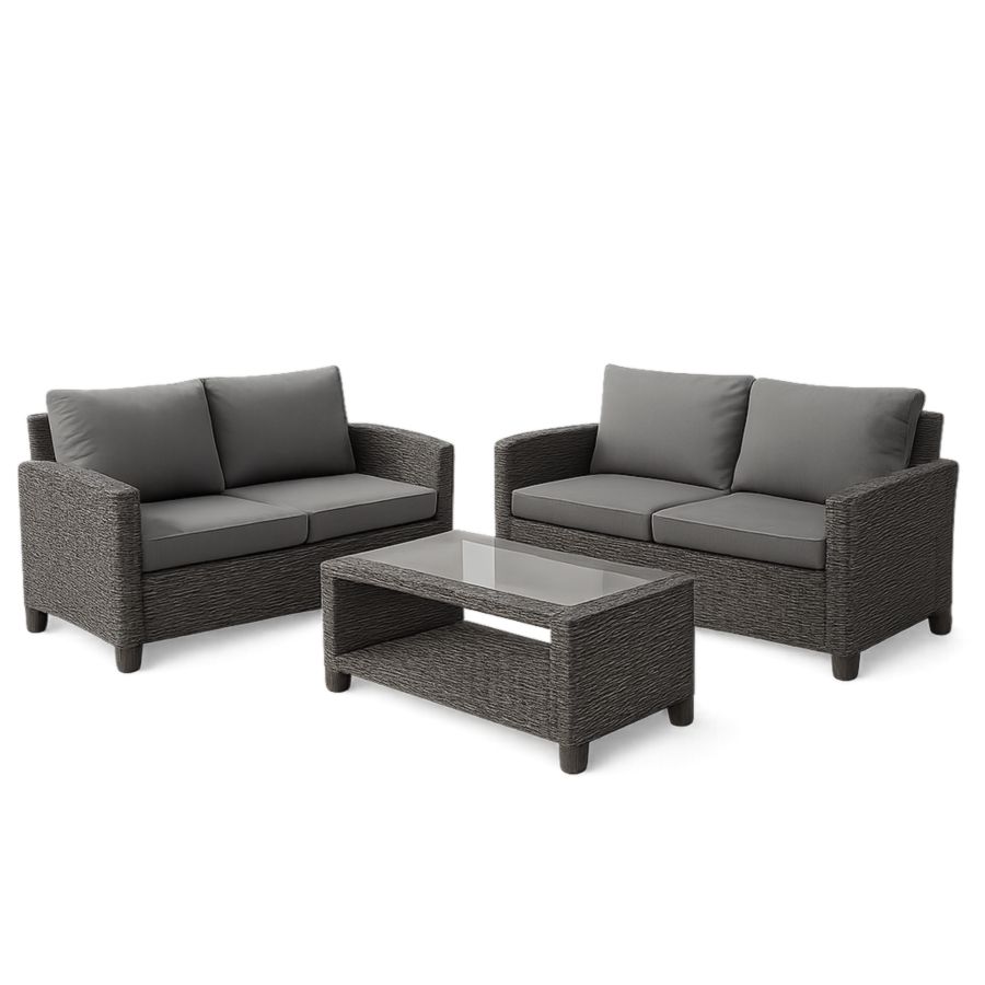 Gartenmöbel-Set aus Polyrattan Dunkelgrau Glas Tischplatte 2x Sofa-Runeloft