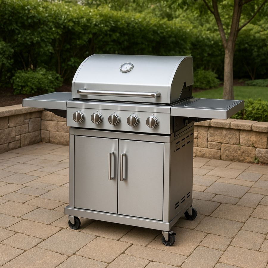 Gasgrill aus Edelstahl Silber 4 Brenner mit Rollen und Thermometer-Runeloft