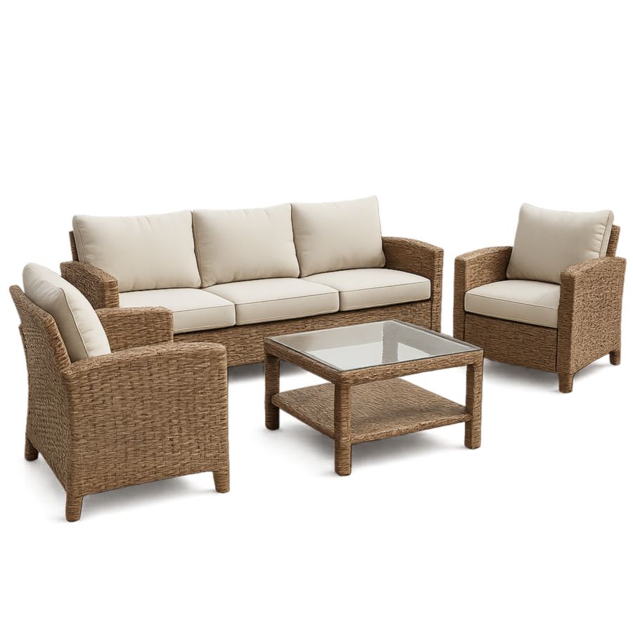 Rattan Gartensofaset 4-teilig Beige Glas Couchtisch Set-Runeloft