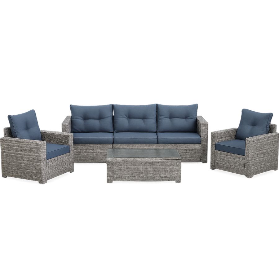 Gartenmöbel-Set Rattan Sofa-Set mit Glas Couchtisch Polyethylen Blau/Grau-Runeloft