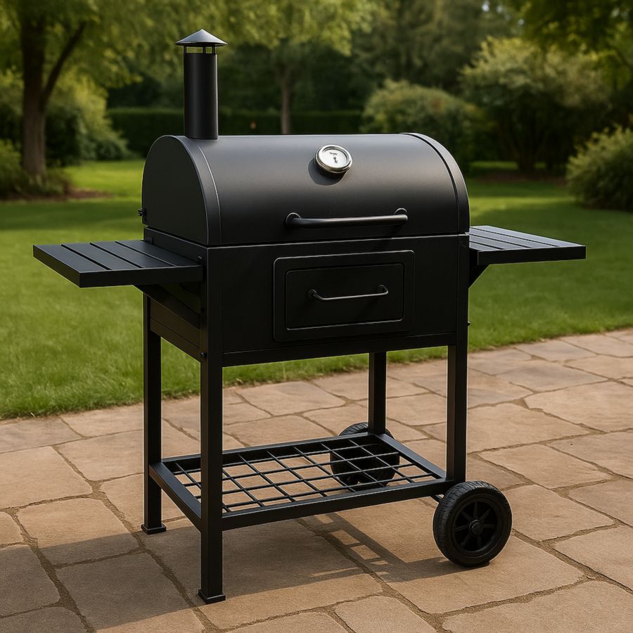 Gartenkohlengrill mit Deckel Thermometer aus Stahl Schwarz 122x66x113 cm-Runeloft