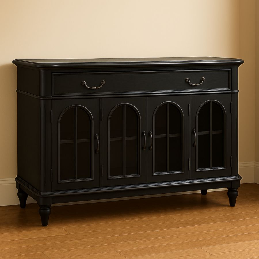Schwarzer Buffetschrank MDF-Holz, gehärtetes Glas mit Bogenform Türen-Runeloft
