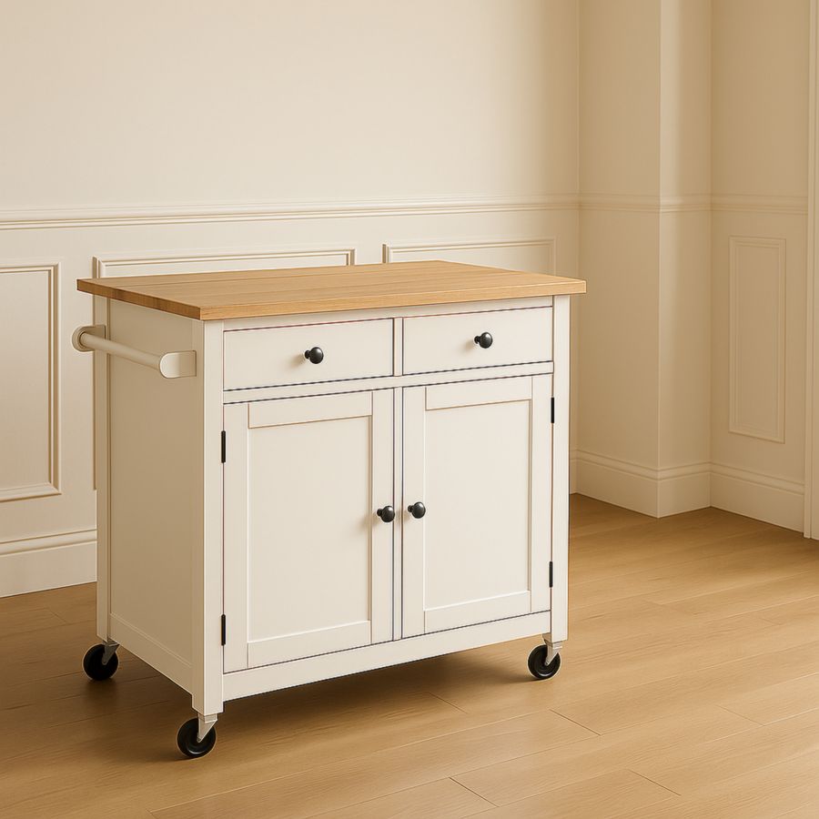 Küchenwagen aus Holz/MDF Weiß 112x46x92cm mit Schubladen und Rollen-Runeloft