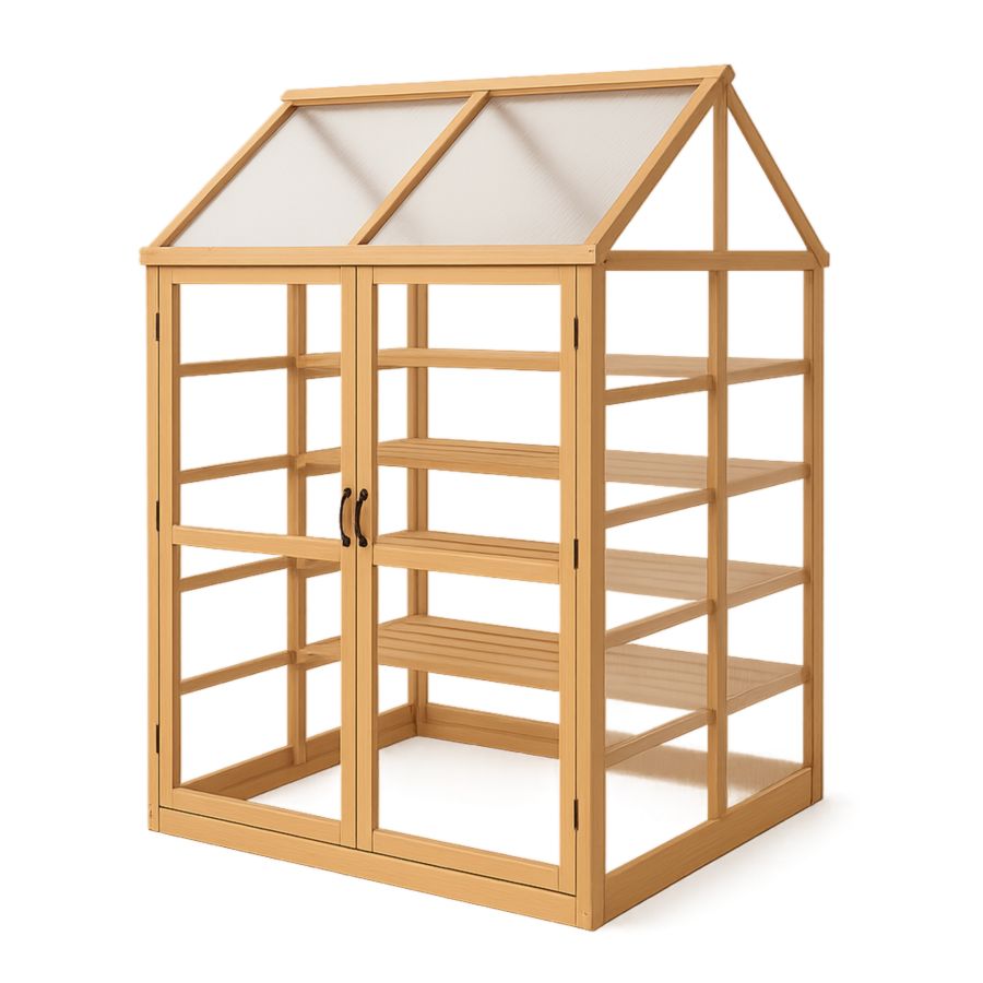 Garten Gewächshaus Holz Natur Polycarbonat 190x120x60 cm 4 Regale-Runeloft