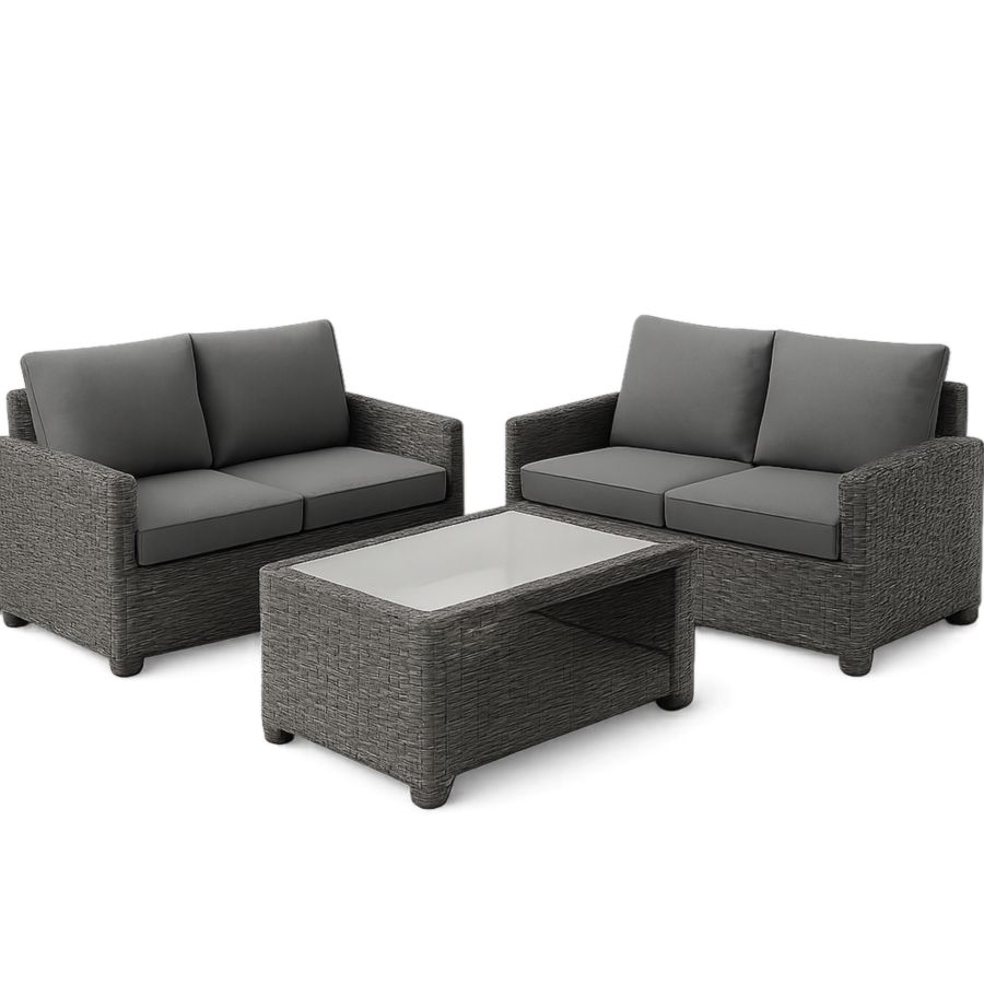 Gartenmöbel Set Polyrattan Dunkelgrau Glas rechteckig Sofa Tisch-Runeloft
