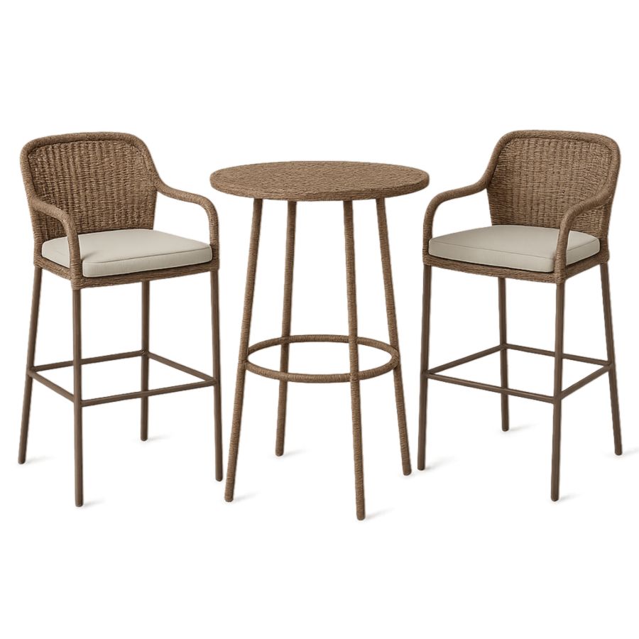 Gartenmöbel-Set Hochtisch mit 2 Barhockern, Polyethylengeflecht, Braun, Tisch 60 cm-Runeloft