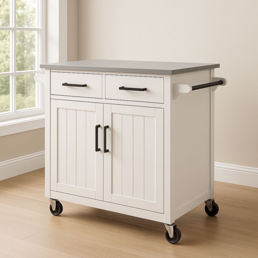 Küchenwagen Holz Weiß Rollen Schubladen Türen-Runeloft