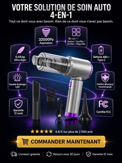 Puissant aspirateur de voiture 2-en-1 avec pompe à air