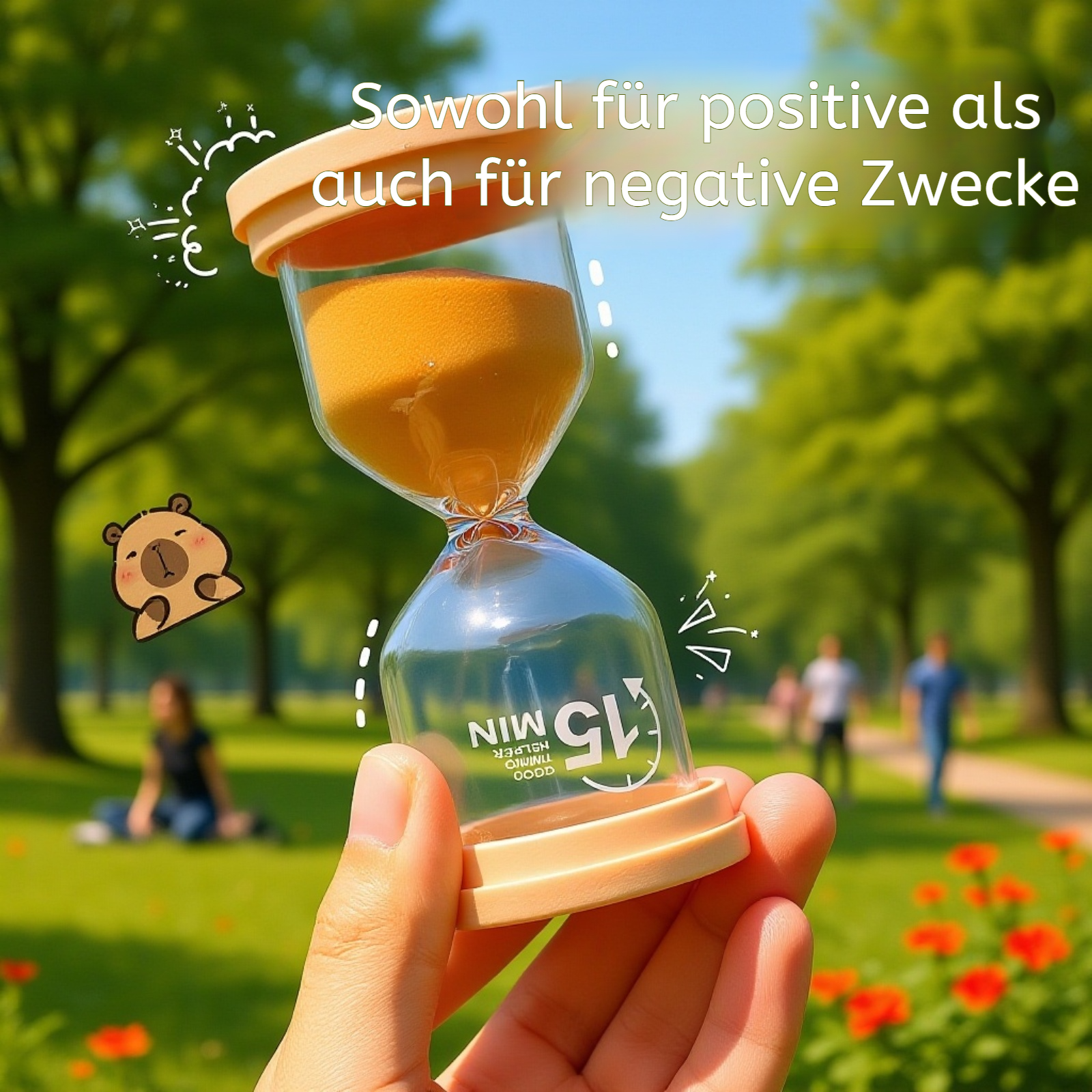 Capybara-Timer-Sanduhr neben Bürozubehör