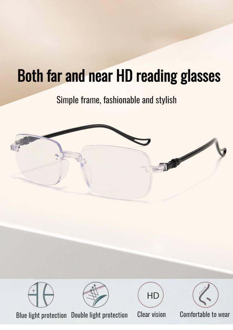 Close-up of blue light filtering lenses in progressive reading glasses