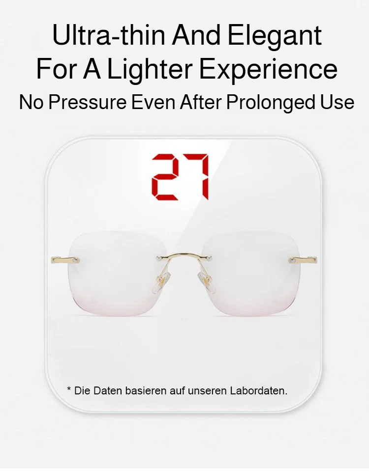 Top view of the blush accent on rimless reading glasses
