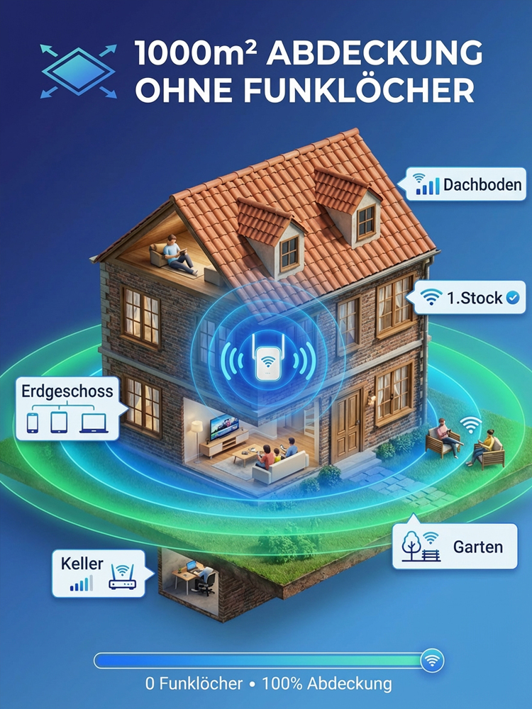 WLAN-Verstärker mit sechs Antennen – Raumfahrt-Behörden-Technologie: 1000 m² Abdeckung, volle Signalstärke vom Keller bis zum Dachboden.