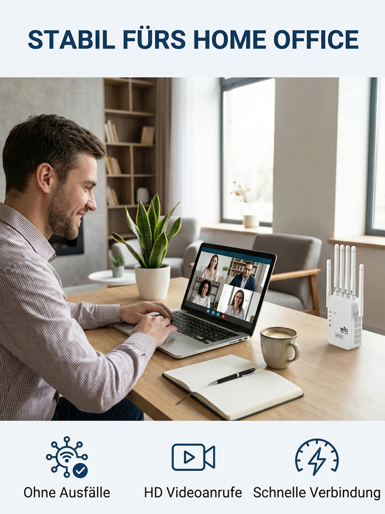 WLAN-Verstärker mit sechs Antennen – Raumfahrt-Behörden-Technologie: 1000 m² Abdeckung, volle Signalstärke vom Keller bis zum Dachboden.