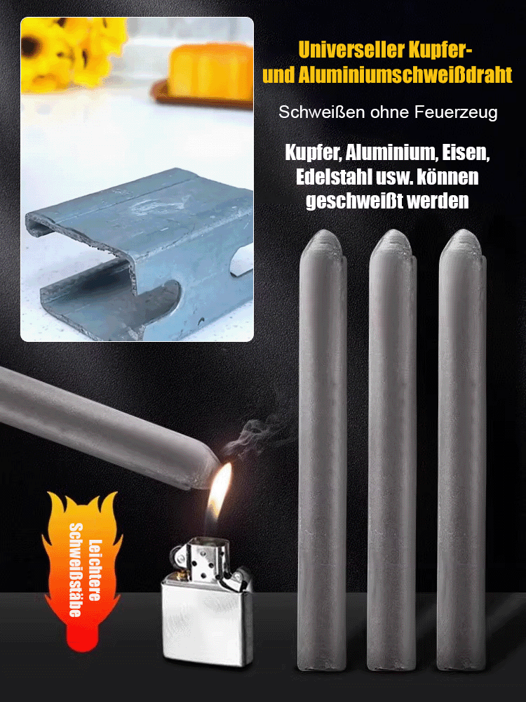 Verabschieden Sie sich von teuren Handwerkern! Universal-Lötstäbe für Niedrigtemperatur-Reparaturen – Schweißen geht mit jedem Feuerzeug, nach dem Aushärten auch mit Hammer unzerstörbar.