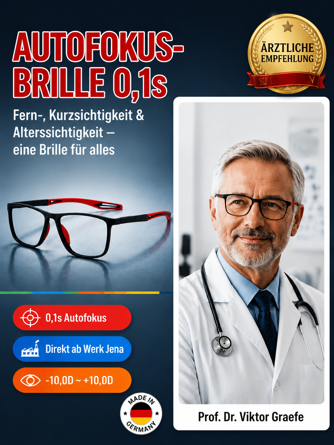 Smart-Autofokus-Lesebrille | Stufenlose Anpassung -10 bis +10 Dioptrien | Optik-Qualität aus Jena 👓