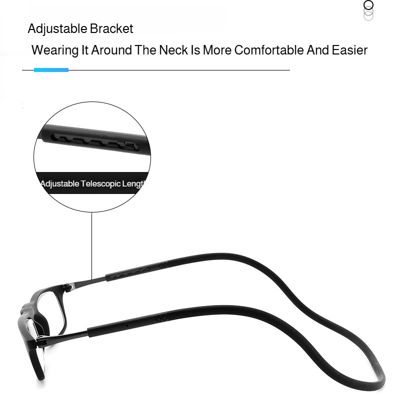 Woman using neck hanging reading glasses while reading