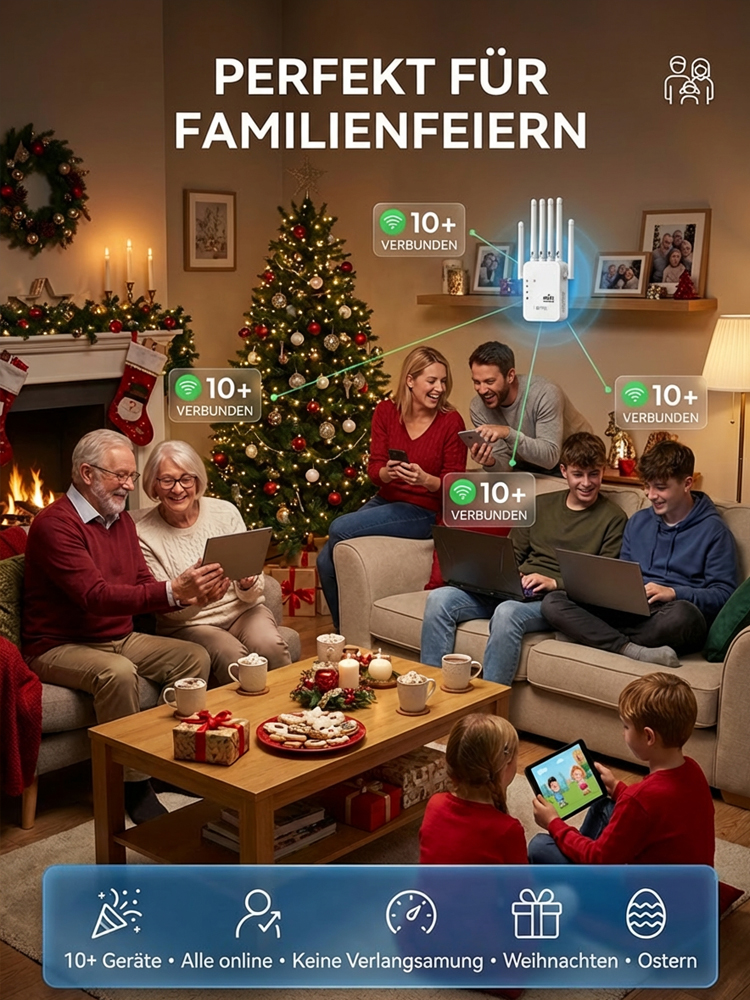 WLAN-Verstärker mit sechs Antennen – Raumfahrt-Behörden-Technologie: 1000 m² Abdeckung, volle Signalstärke vom Keller bis zum Dachboden.