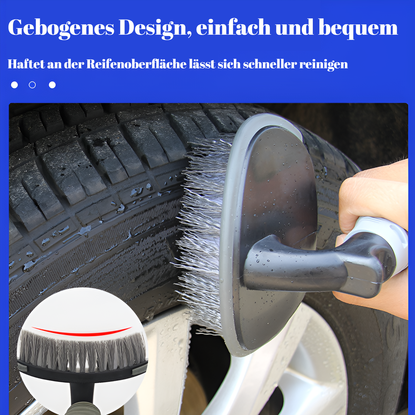 Reinigungsbürste säubert Autoreifenoberfläche