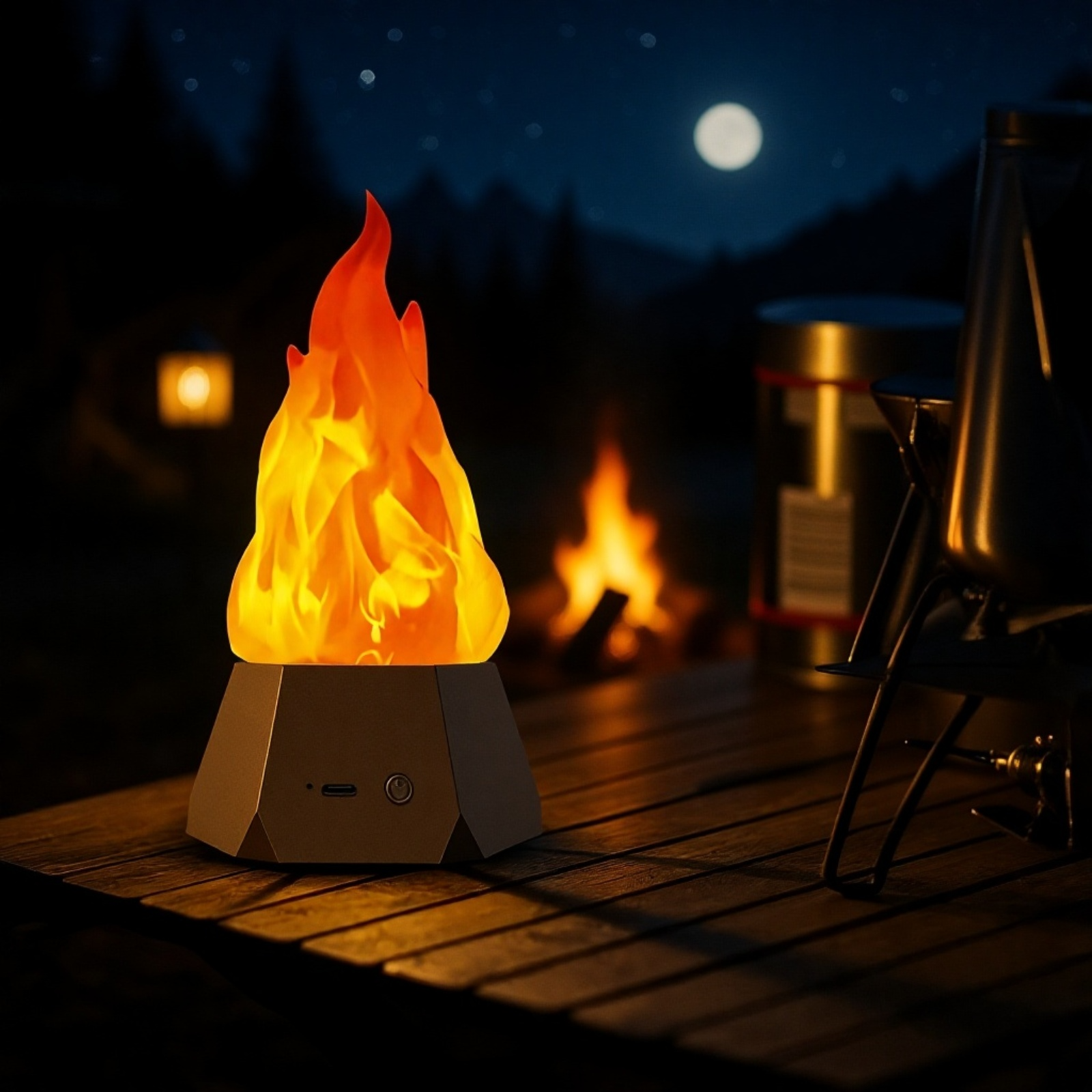 Flammenlampe mit realistischem Flammeneffekt auf Holztisch