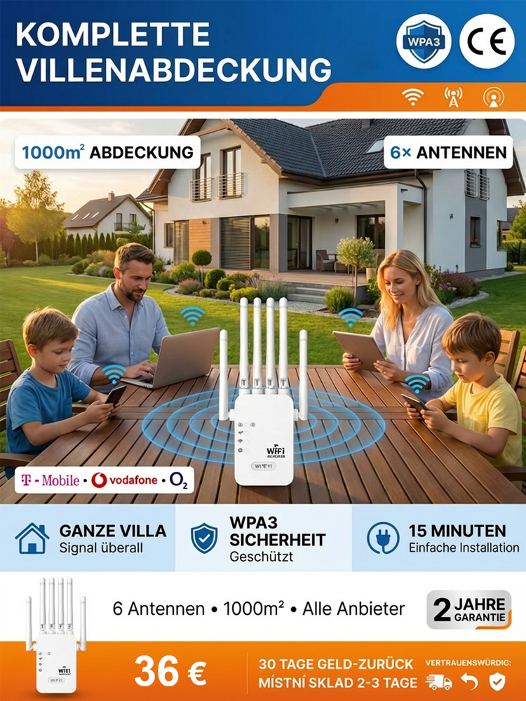 WLAN-Verstärker mit sechs Antennen – Raumfahrt-Behörden-Technologie: 1000 m² Abdeckung, volle Signalstärke vom Keller bis zum Dachboden.