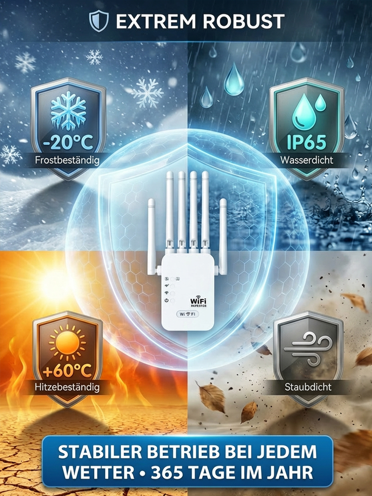 WLAN-Verstärker mit sechs Antennen – Raumfahrt-Behörden-Technologie: 1000 m² Abdeckung, volle Signalstärke vom Keller bis zum Dachboden.