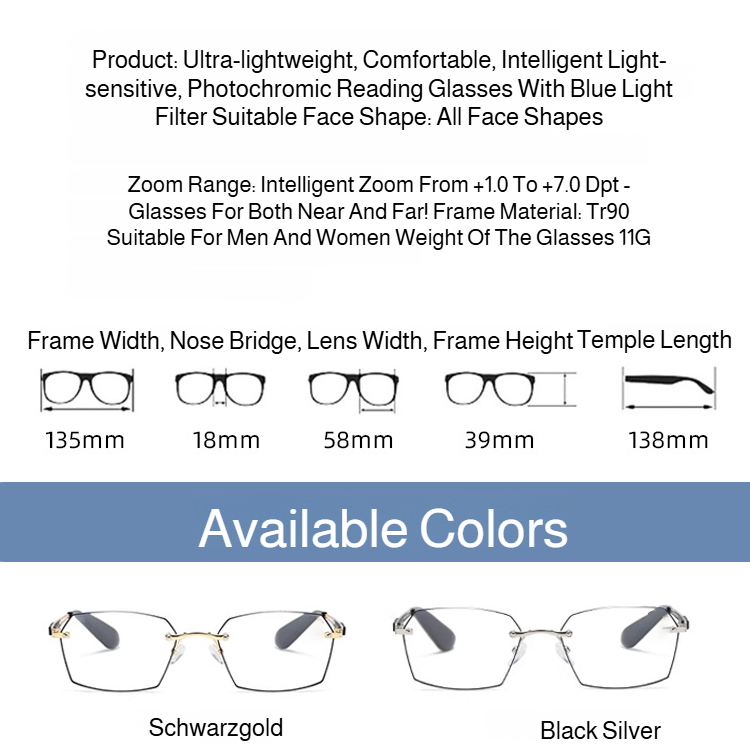 Ultra-Light Comfortable Photochromic Anti-Blue Light Reading Glasses
