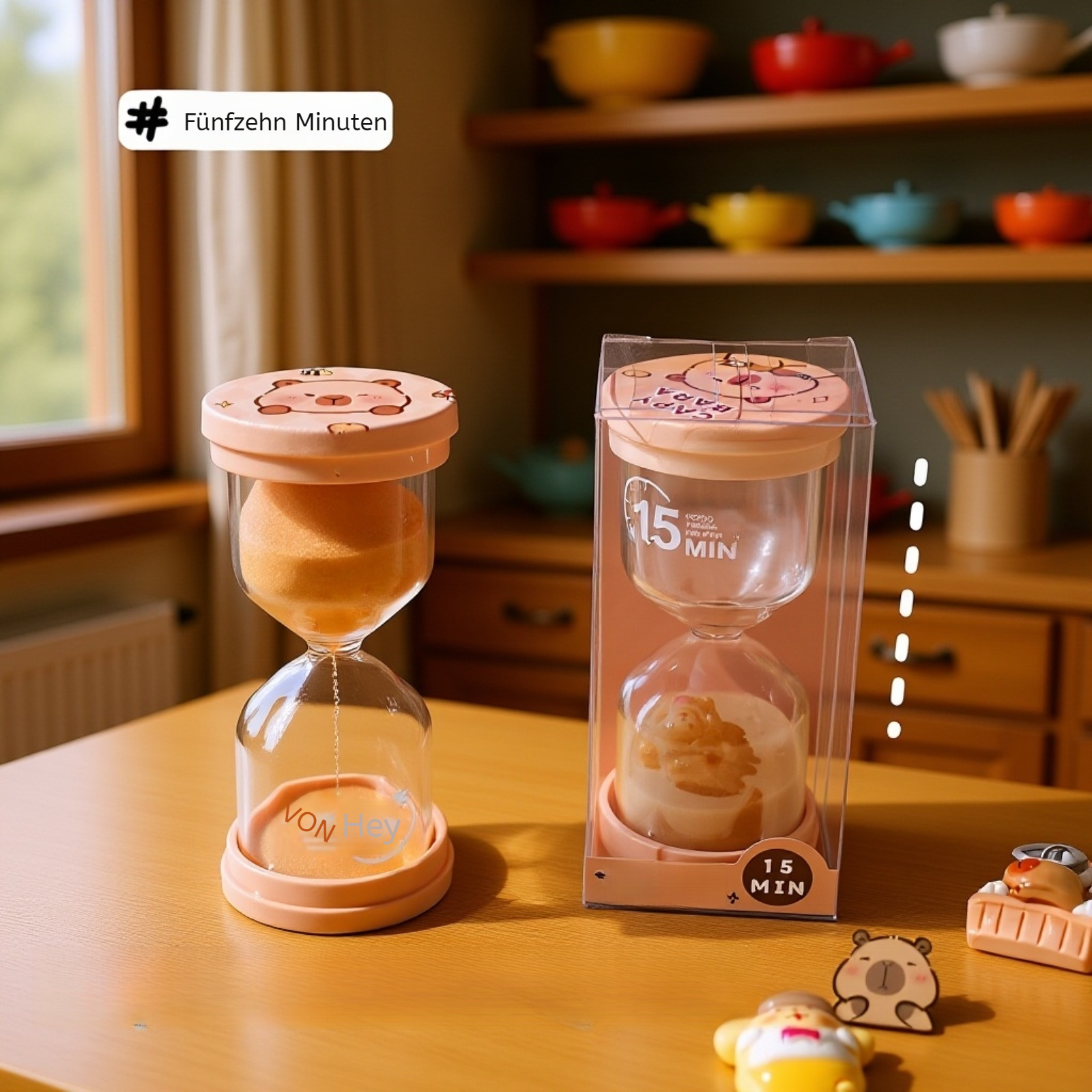 Niedliche Capybara-Timer-Sanduhr auf einem Schreibtisch