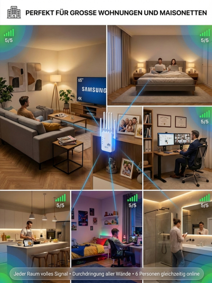 WLAN-Verstärker mit sechs Antennen – Raumfahrt-Behörden-Technologie: 1000 m² Abdeckung, volle Signalstärke vom Keller bis zum Dachboden.