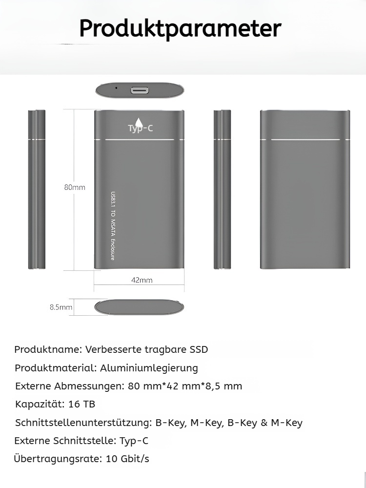 【Werksverkauf – nur noch 300 Stück】 16 TB Profi-SSD – 1050 MB/s Highspeed, USB 3.1 Gen2 & 5 Jahre Garantie