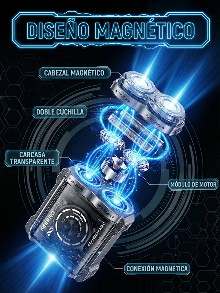 Rasuradora Magnética Cyber-Mecha: 60 días de batería, rasurado al ras, ¡filo eterno! 🤖🧲🔋🪒