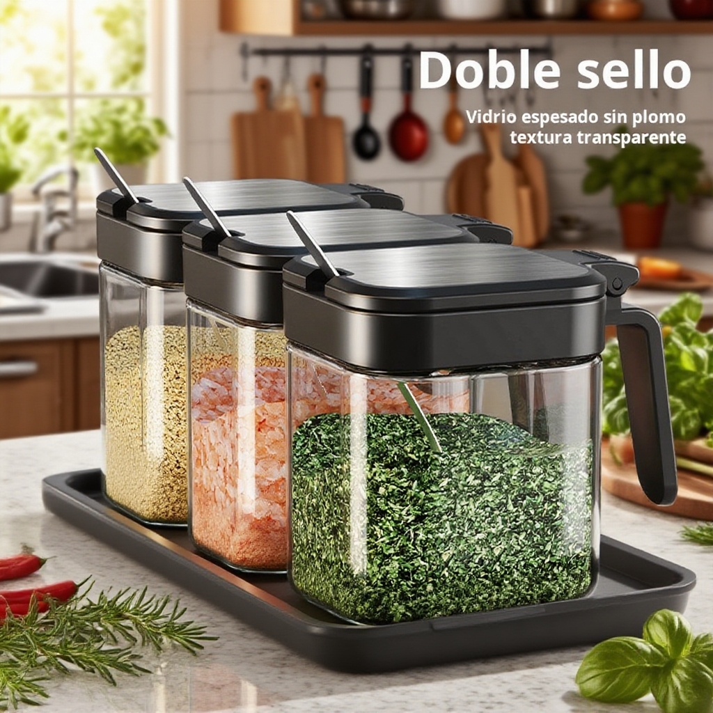 Caja de condimentos de vidrio con cuchara