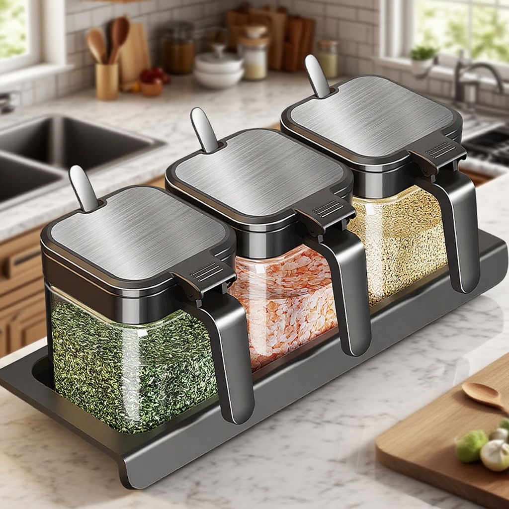 Caja de condimentos de vidrio con cuchara