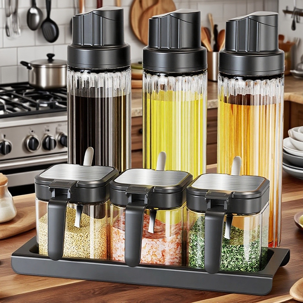 Caja de condimentos de vidrio con cuchara
