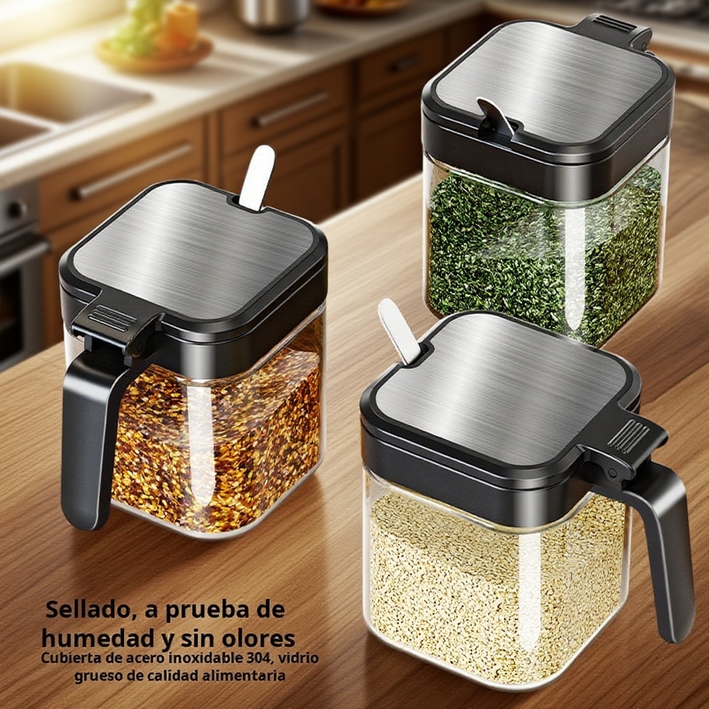 Caja de condimentos de vidrio con cuchara