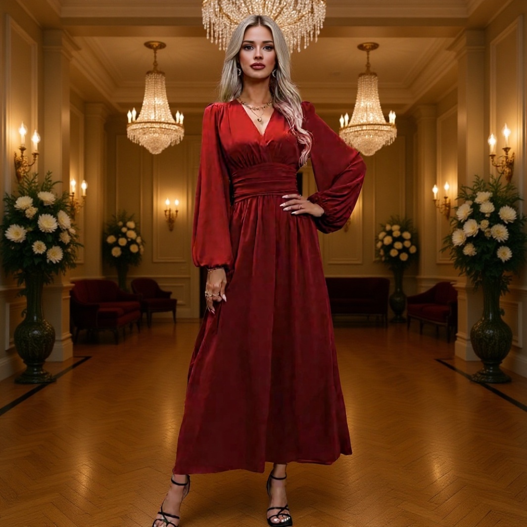 Vestido elegante de mujer con escote en V y abertura alta