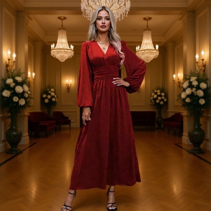 Vestido elegante de mujer con escote en V y abertura alta