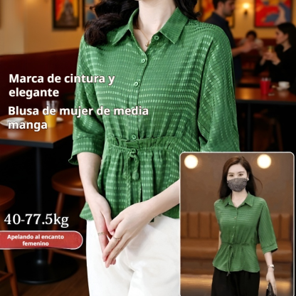 Blusa femenina ligera de manga cinco y cintura ajustada